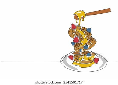 Single continuous line drawing round stacked waffles floating on a round plate. Pour honey for a more delicious taste sensation. Savory. International Waffle Day. One line design vector illustration