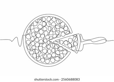 Single continuous line drawing round cut cherry cheesecake. Cut to enjoy its deliciousness. Creamy taste of cheese adds to taste. National Cherry Cheesecake Day. One line design vector illustration