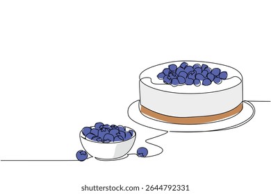 Uma linha contínua desenhando bolo de queijo redondo com cobertura de mirtilo e tigela pequena preenchida com mirtilos. Muito saboroso. Dia Nacional do Bolo de Queijo Blueberry. Ilustração de vetor de design de uma linha
