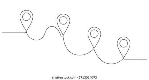 Dibujo de línea continua única de una ruta con múltiples marcadores de mapa que indican diferentes paradas o destinos. Vector, ilustración