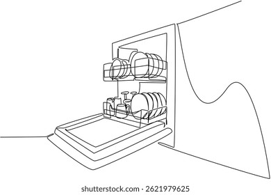 Single continuous line drawing rows of plates, bowls, glasses, mugs in an open dishwasher. Clean and neat kitchen layout. Modern. National No Dirty Dishes Day. One line design vector illustration