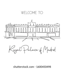 Single continuous line drawing Royal Palace of Madrid landmark. Beautiful famous place in Madrid Spain. World travel home wall decor poster art concept. Simple one line draw design vector illustration