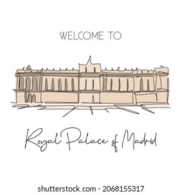 Single continuous line drawing Royal Palace of Madrid landmark. Beautiful famous place in Madrid Spain. World travel home wall decor poster art concept. Simple one line draw design vector illustration