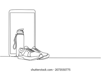 Single continuous line drawing running sneaker and mineral bottled water with smartphone. Idea of healthy and active lifestyle. Healthy lifestyle concept. Dynamic one line draw graphic design vector