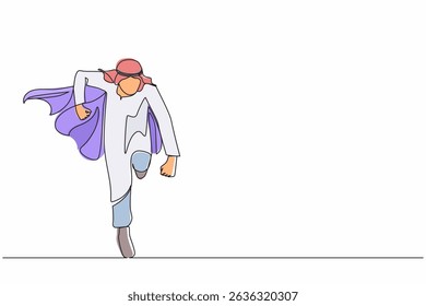 Single continuous line drawing running business hero. Arabian businessman in cape superhero actions running. Professional powerful superheroes. Success, leadership. One line draw graphic design vector