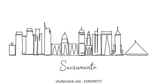 Single continuous line drawing of Sacramento city skyline US. Famous city skyscraper landscape. World travel postcard home decor wall art poster print concept. Modern one line draw design illustration