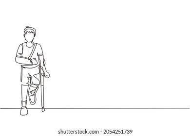 Single continuous line drawing sad injured boy with broken arm and leg in gypsum. Full length of upset injured little boy standing on crutches. Dynamic one line draw graphic design vector illustration