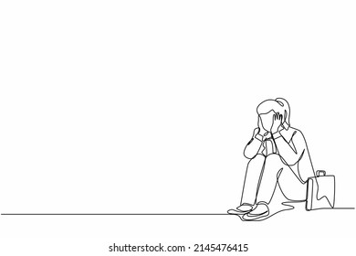 Single continuous line drawing sad businesswoman cover her face by hands and sitting on the floor. Depression disorder, sad, sorrow, disappointment symptom. One line draw design vector illustration