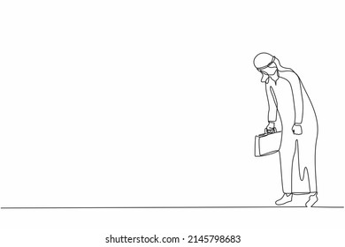 Una sola línea contínua dibujando a un triste hombre de negocios árabe mirando hacia abajo, sosteniendo una cartera de documentos. Hombre con presión o estrés mental. Bancarrota sobre la recesión económica global. vector de diseño gráfico de tracción de línea