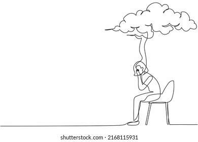 Single continuous line drawing sad businesswoman sitting on chair under rain cloud. Worried woman thinking about business project. Collapse of economy. One line draw graphic design vector illustration
