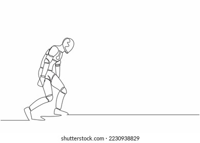 Single continuous line drawing sad robot bowed down. Feeling lonely and having mental pressure or stress. Artificial intelligence and machine learning process. One line draw design vector illustration