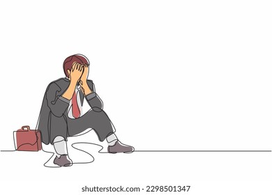 Single continuous line drawing sad businessman cover his face by hands and sitting on the floor. Depression disorder, sad, sorrow, disappointment symptom. One line graphic design vector illustration