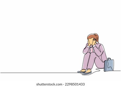 Single continuous line drawing sad businesswoman cover her face by hands and sitting on the floor. Depression disorder, sad, sorrow, disappointment symptom. One line draw design vector illustration