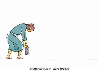 Single continuous line drawing sad businesswoman bowed down. Woman feeling lonely and having mental pressure or stress. Bankruptcy on global economic recession, failure. One line graphic design vector