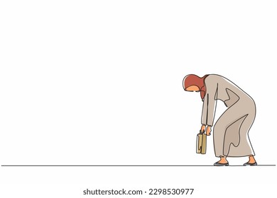 Single continuous line drawing sad Arab businesswoman bowed down. Woman feeling lonely, having mental pressure or stress. Bankruptcy on global economic recession, failure. One line draw design vector