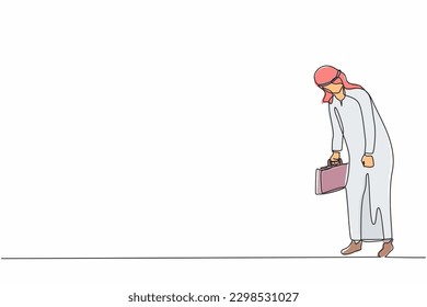 Single continuous line drawing sad Arab businessman looking down, holding briefcase. Man having mental pressure or stress. Bankruptcy on global economic recession. One line draw graphic design vector