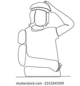 Single continuous line drawing sad injured girl with broken arm, single line draw graphic design vector illustration