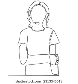 Einzelzeilenzeichnung trauriges verletztes Mädchen mit gebrochenem Arm, einzelne Linie zeichnen grafische Vektorgrafik