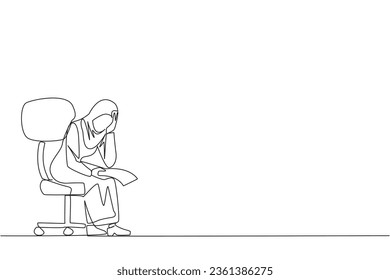 Single continuous line drawing sad Arab businesswoman sit limply in chair. Pensively holding piece of bill paper. The large of receivables, business will collapse. One line design vector illustration