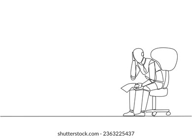 Single continuous line drawing sad robotic sit limply in a chair. Pensively holding piece of bill paper. The large of receivables, business will collapse. AI tech. One line design vector illustration