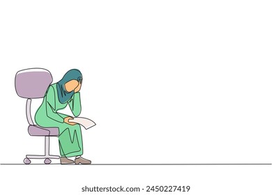 Single continuous line drawing sad Arab businesswoman sit limply in chair. Pensively holding piece of bill paper. The large of receivables, business will collapse. One line design vector illustration