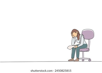 Single continuous line drawing sad businesswoman sit limply in a chair. Pensively holding a piece of bill paper. The large of receivables, business will collapse. One line design vector illustration