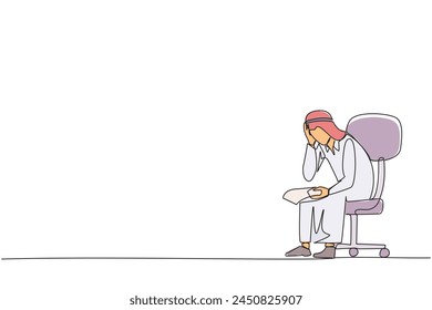 Single continuous line drawing sad Arab businessman sat limply in chair. Pensively holding a piece of bill paper. The large of receivables, business will collapse. One line design vector illustration