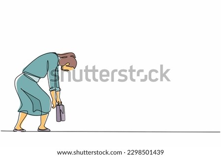 Single continuous line drawing sad businesswoman bowed down. Woman feeling lonely and having mental pressure or stress. Bankruptcy on global economic recession, failure. One line graphic design vector