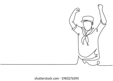 Single continuous line drawing sailor man with celebrate gesture and scarf around his neck ready sail across seas in a ship headed by captain. Dynamic one line draw graphic design vector illustration