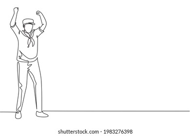 Single continuous line drawing sailor man stands with celebrate gesture and scarf join cruise ship carrying passengers traveling across seas. Dynamic one line draw graphic design vector illustration