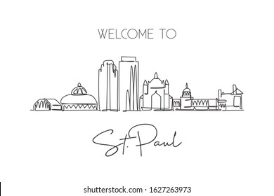 Single continuous line drawing Saint Paul city skyline, Minnesota. Famous city scraper landscape. World travel concept home wall decor poster print art. Modern one line draw design vector illustration
