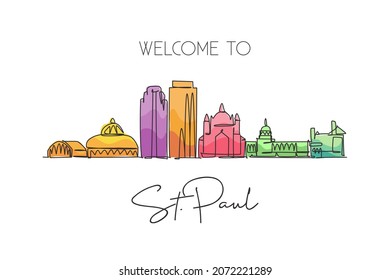 Dibujo de una sola línea continua en la ciudad de Saint Paul, Minnesota. Famoso paisaje de rascacielos de la ciudad. Concepto de viaje en el mundo decoración de pared en casa arte de impresión de afiches. Diseño moderno de dibujo de una línea ilustración vectorial