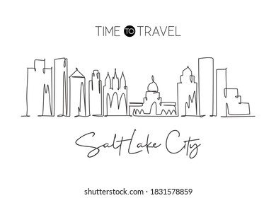 Single continuous line drawing of Salt Lake City skyline, Utah. Famous city scraper landscape. World travel home wall decor art poster print concept. Modern one line draw design vector illustration