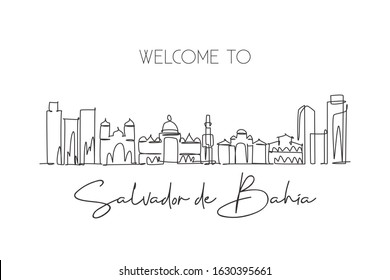 Single continuous line drawing of Salvador de Bahia skyline, Brazil. Famous city scraper landscape. World travel postcard print concept. Editable stroke modern one line draw design vector illustration