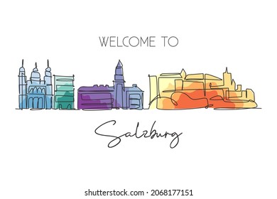 Single continuous line drawing of Salzburg city skyline, Austria. Famous city scraper landscape. World travel wall decor home art poster print concept. Modern one line draw design vector illustration