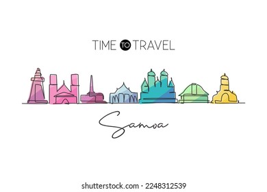 Einzelne durchgehende Linie Zeichnung Samoa Skyline, Ozeanien. Berühmte Stadtlandschaft. World Travel Home Wand Dekor Kunst Poster Print Concept Galerie. Modernes Einzeilendesign, Vektorgrafik