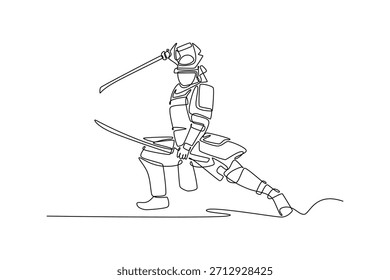Una sola línea continua dibujando samuráis con armadura completa, lanzándose hacia adelante con dos espadas en una poderosa pose de ataque. Acción decisiva y guerra histórica. Una línea dibuja la Ilustración vectorial del Diseño gráfico