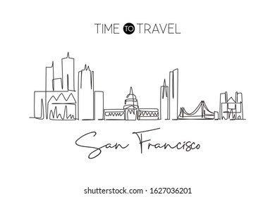 Single continuous line drawing of San Francisco city skyline, United States. Famous landscape. World travel concept home art wall decor poster print. Modern one line draw design vector illustration