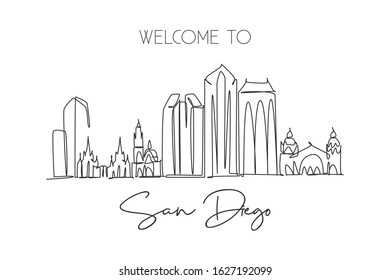 Single continuous line drawing of San Diego city skyline, USA. Famous city scraper and landscape. World travel concept home wall decor poster print art. Modern one line draw design vector illustration