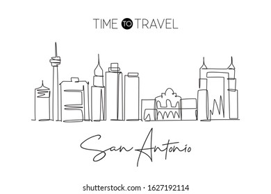 Single continuous line drawing of San Antonio city skyline, United States of America. Famous landscape. World travel concept wall decor poster print. Modern one line draw design vector illustration