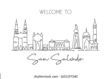 Single continuous line drawing San Salvador skyline, El Salvador. Famous city landscape. World travel destination concept home decor wall poster print. Modern one line draw design vector illustration