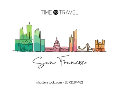 Single continuous line drawing of San Francisco city skyline, United States. Famous landscape. World travel concept home art wall decor poster print. Modern one line draw design vector illustration