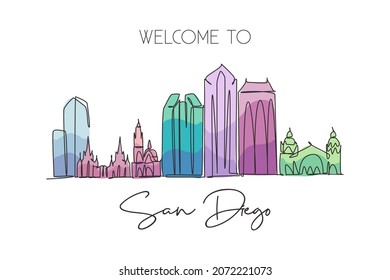 Single continuous line drawing of San Diego city skyline, USA. Famous city scraper and landscape. World travel concept home wall decor poster print art. Modern one line draw design vector illustration