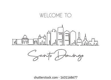 Single continuous line drawing of Santo Domingo city skyline Dominican. Famous city scraper landscape. World travel destination concept. Editable stroke modern one line draw design vector illustration