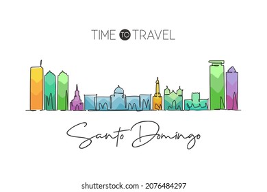 Single continuous line drawing of Santo Domingo city skyline Dominican. Famous city scraper landscape. World travel destination concept. Editable stroke modern one line draw design vector illustration