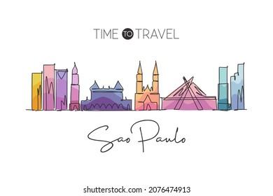 Single continuous line drawing Sao Paulo city skyline, Brazil. Famous city scraper landscape. World travel destination postcard concept. Editable stroke modern one line draw design vector illustration