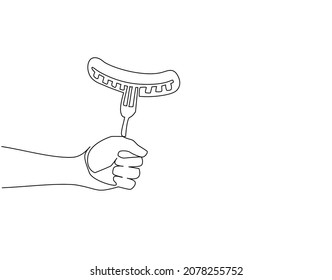 Single continuous line drawing sausage on fork in hand. Isolated on white background. Cooked hot fried sausage. Grill picnic template. For restaurant or cafe menu. One line draw graphic design vector