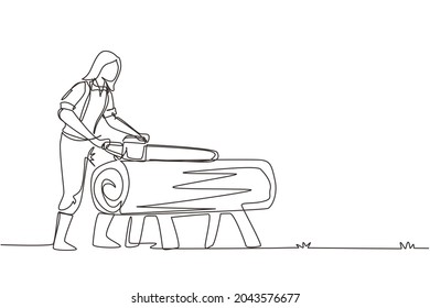 Single continuous line drawing sawmill concept. Professional woman lumberjack cutting tree by chainsaw for further processing. Global deforestation. One line draw design graphic vector illustration