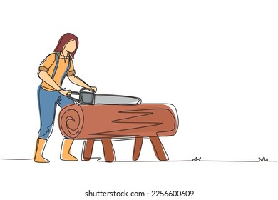 Single continuous line drawing sawmill concept. Professional woman lumberjack cutting tree by chainsaw for further processing. Global deforestation. One line draw design graphic vector illustration svg
