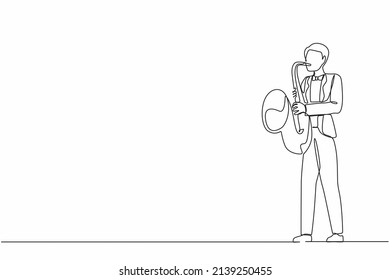 Single continuous line drawing saxophonist. Jazz or blues musician, man plays saxophone. Male performer in festival jazz music, jazz band performances. One line draw graphic design vector illustration